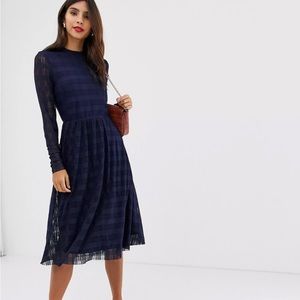 Y.A.S navy blue mock neck midi dress with lace overlay